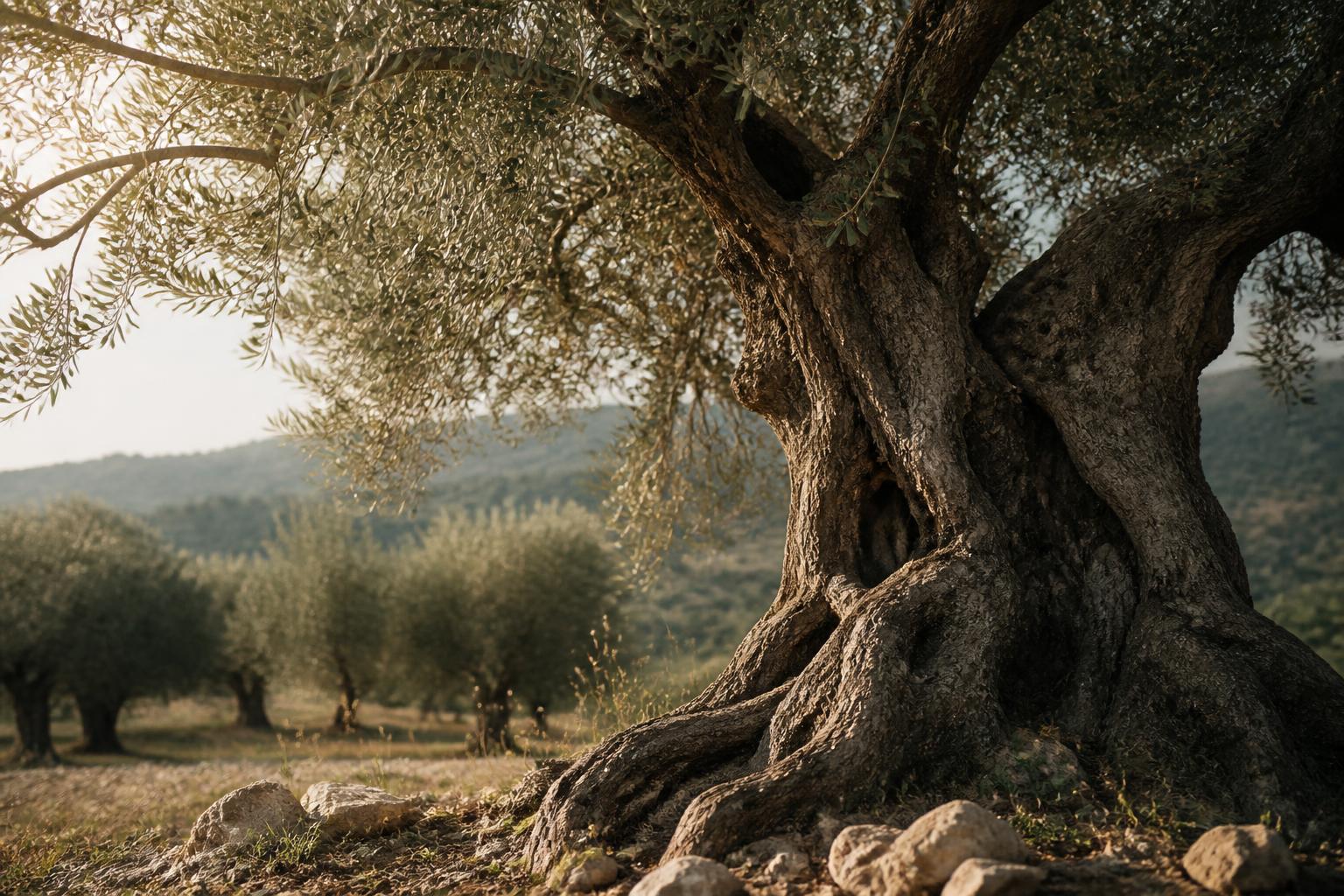 Oliveira centenária em bosque mediterrâneo sob luz dourada
