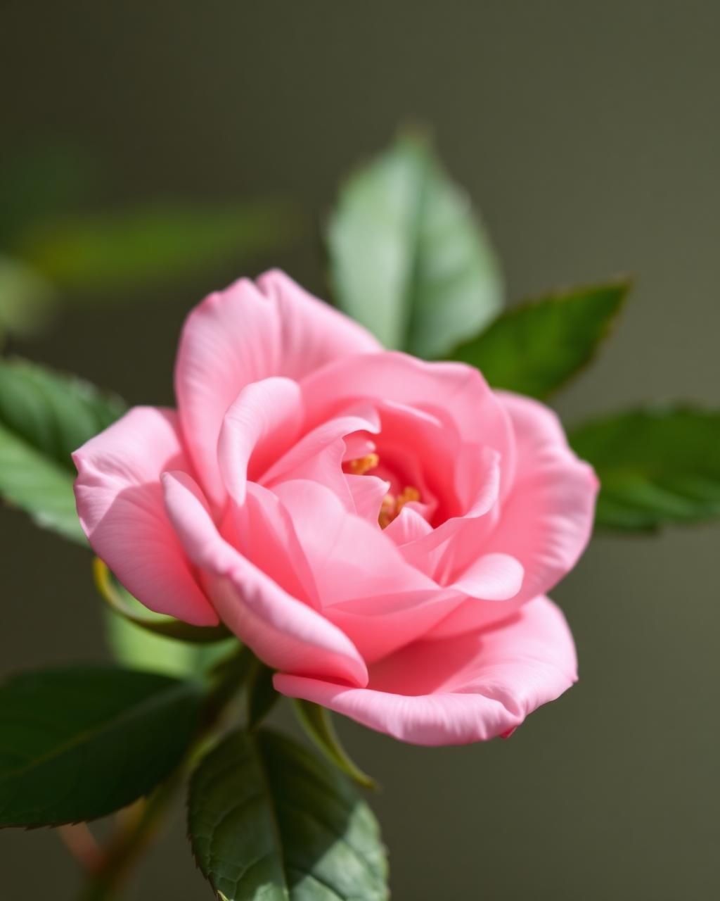 Flor delicada em tons rosados e folhagem verde suave